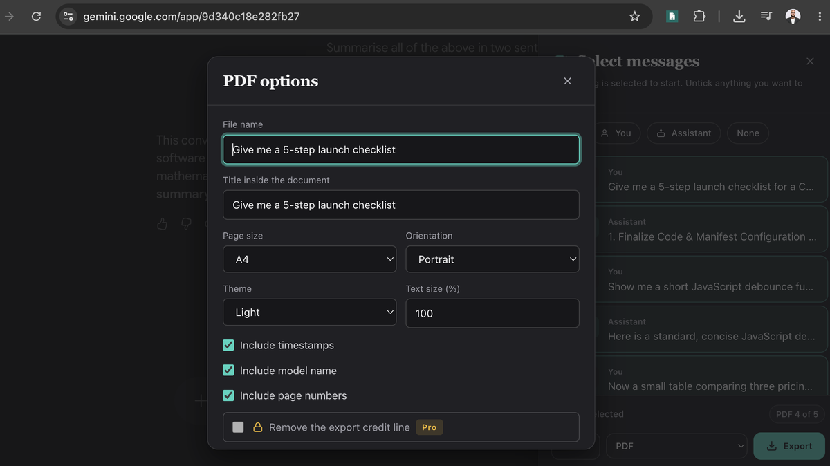 The PDF options dialog showing page size, orientation, theme and text scale controls