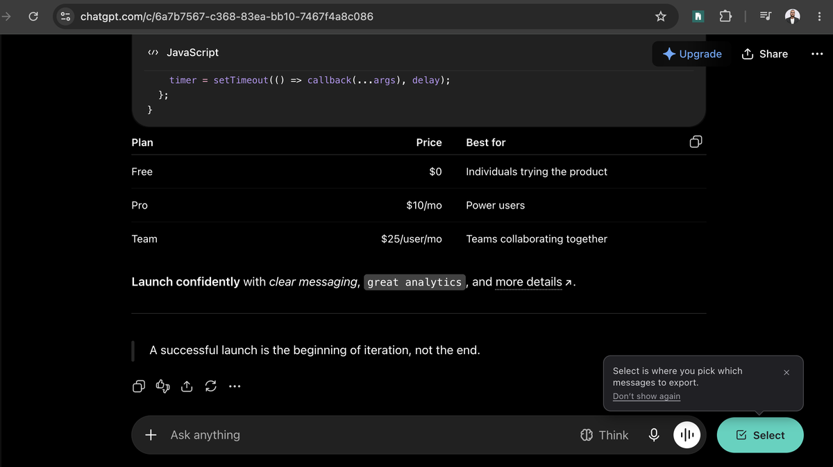 The message picker open on a ChatGPT conversation, with individual messages ticked
